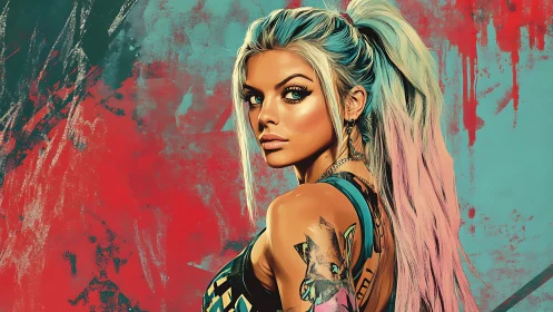 Tattooed woman with pastel hair against abstract wall.