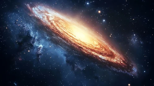 Spiral galaxy blazing with golden core in deep cosmos.