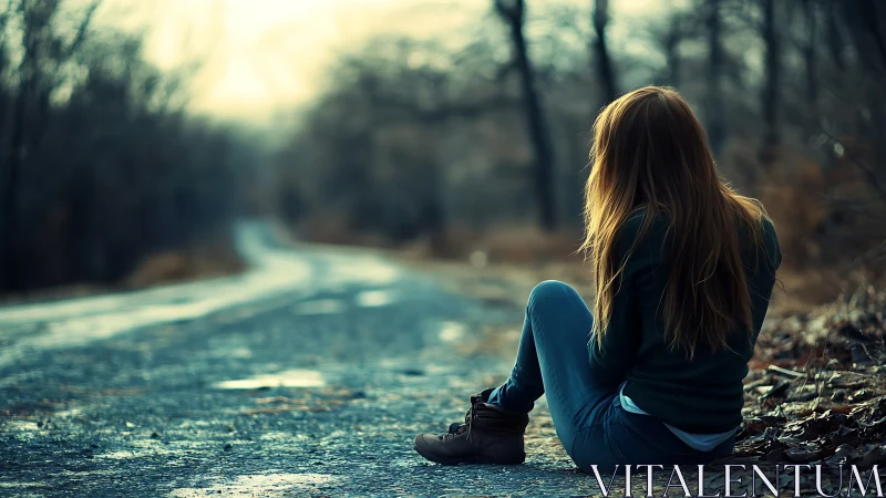 Pensive young woman sits alone on a deserted rural road, moody style.