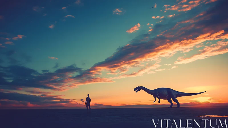 Silhouetted human and sauropod rendered against high-saturation sunset