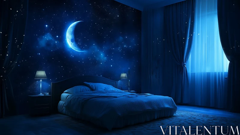 Starry blue bedroom with crescent moon wall mural at night.