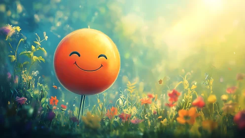 Smiling orange balloon glows above dreamy wildflower meadow.