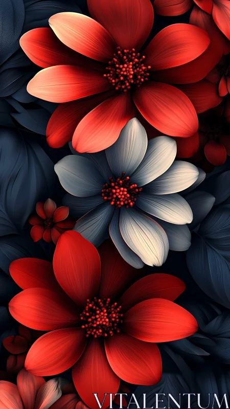 Digital Petals: Crimson and Ivory Blooms Dance.