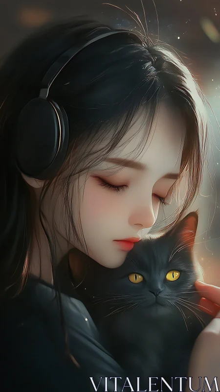 Quiet headphone moments shared with a gentle black cat.