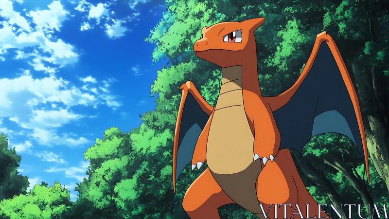 Proud orange dragon stands tall under a bright forest sky