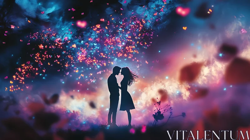 Couple Kissing Under Glowing Particle Sky