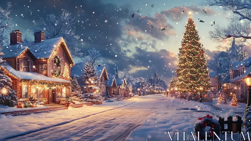 Snowy small-town Christmas street wrapped in cozy lights.