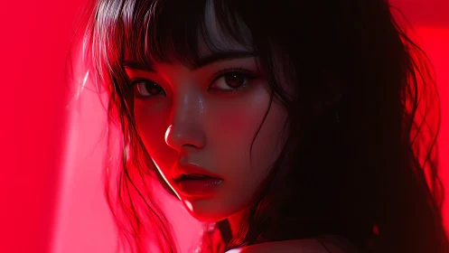 Intense red-lit portrait captures a haunting, reflective gaze.