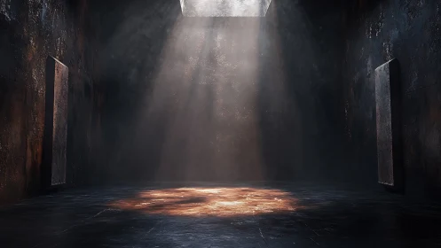 Light shaft over worn floor in empty industrial room.