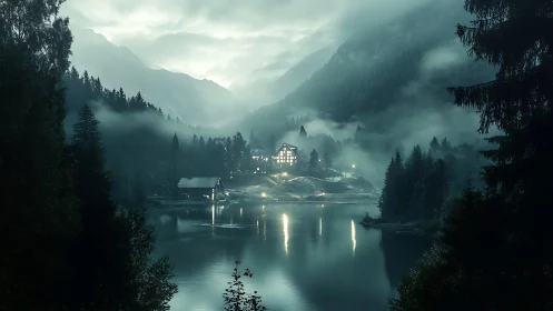 Lakeside chalet amid misty conifer forest at night.