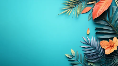 Chromatic tropical foliage array on cyan negative space field.