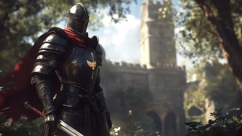 Armored knight guarding sunlit castle courtyard scene.
