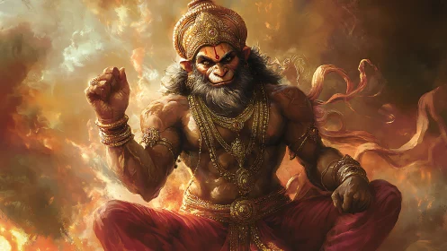 Simian warrior deity seated amid swirling fire and smoke.