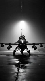 Lone stealth jet crowned by hangar light and silver reflections.