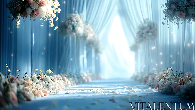 Soft blue wedding aisle glowing with dreamy florals.