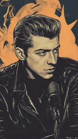 Male singer in leather jacket speaks into vintage microphone