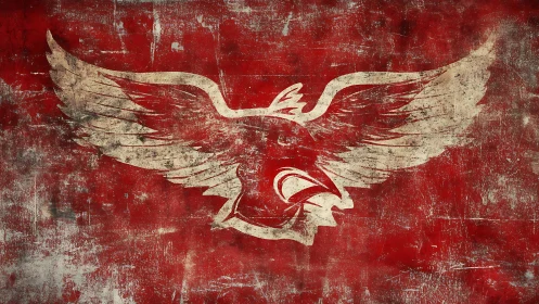 Weathered eagle emblem spreads wings on distressed red field