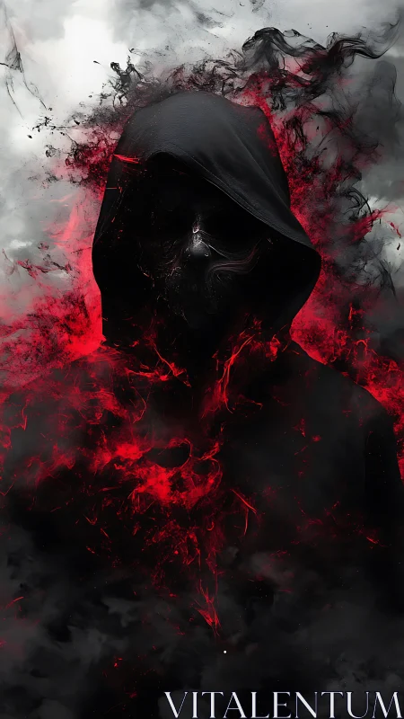Hooded figure in black smoke and red abstract energy field.