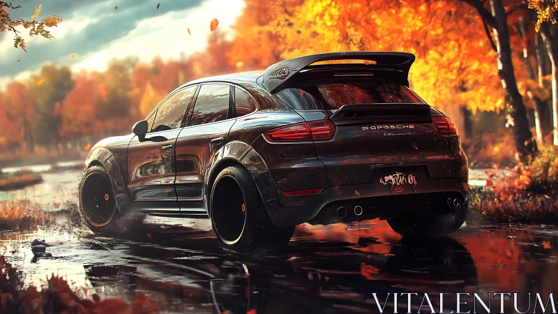 Modified Porsche SUV accelerates through reflective autumn wetland