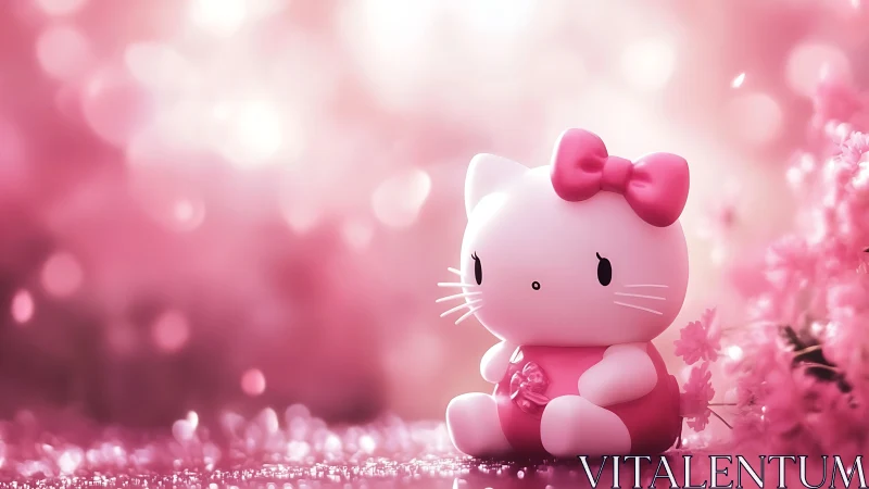 Pink cat figurine in shallow depth pastel bokeh environment