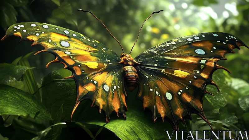 Iridescent jungle butterfly rests on dewlit emerald leaves.