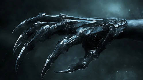Demonic metallic claw extends through misty dark void.