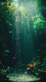 Tropical aquarium column with light rays and bubbles cascade.
