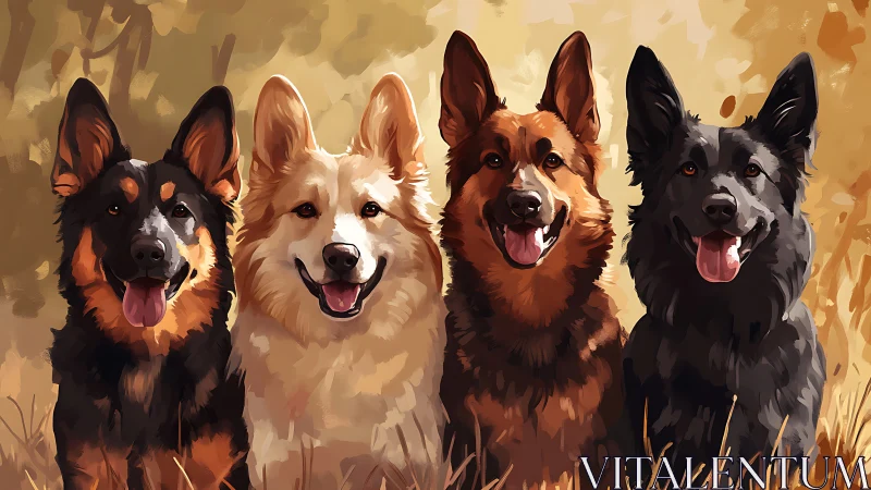 Four German Shepherd dogs in warm-toned digital portrait lineup