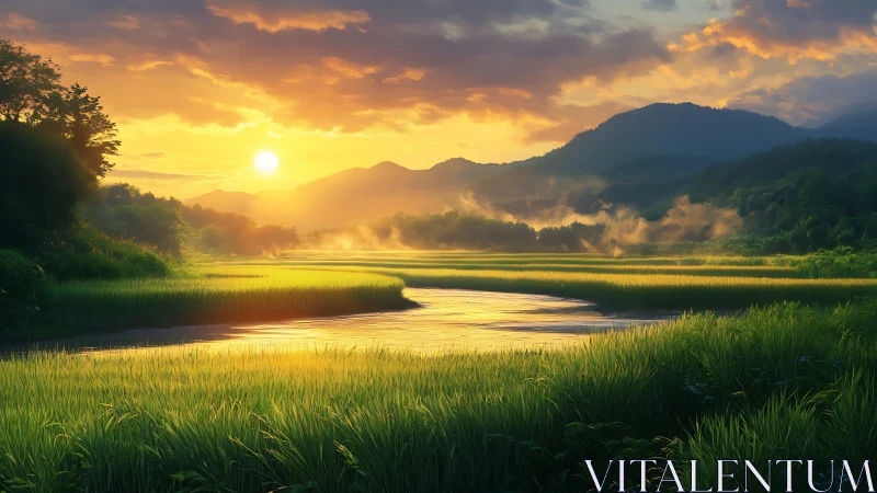 River meandering through green fields at low sun over hills.