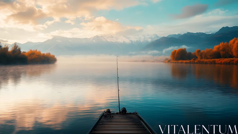 Solitary fishing rod dreams beneath pastel mountain dawn