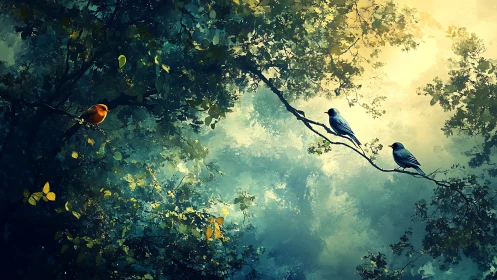 Three Birds on Forest Branches in Dreamy Digital Art Style.