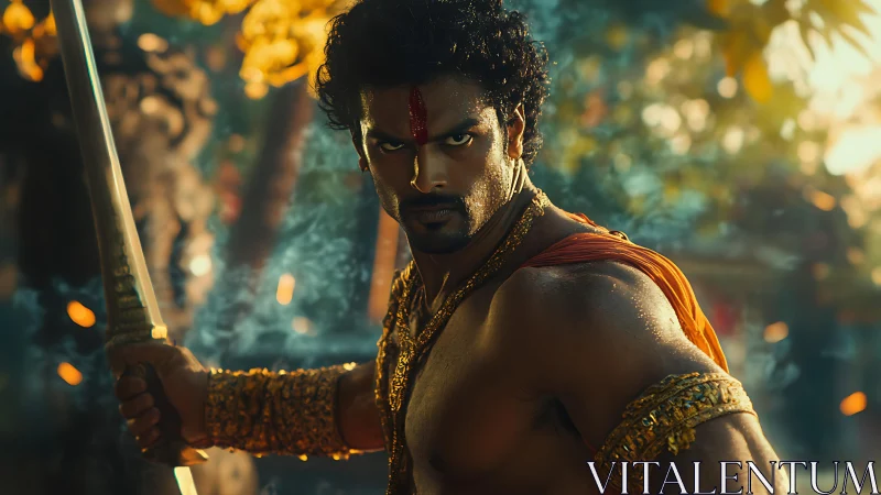 Warrior grips sword under ember-lit jungle canopy.