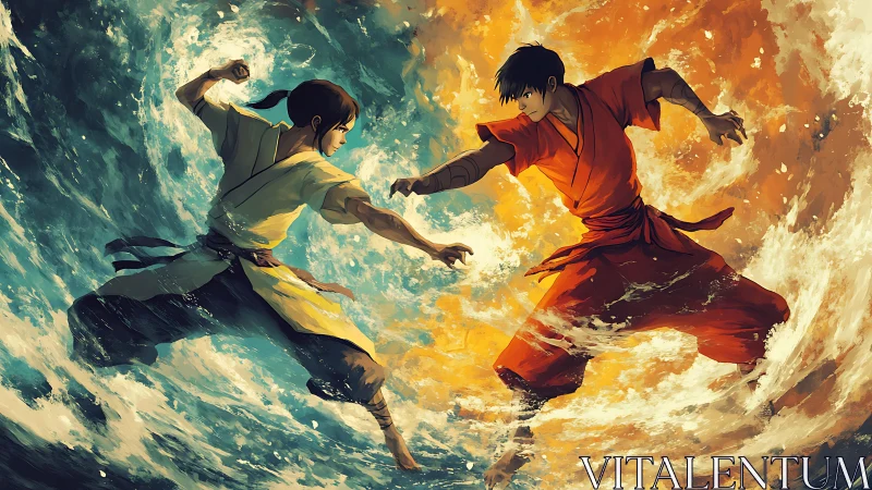 Elemental martial artists clash in swirling water and fire.