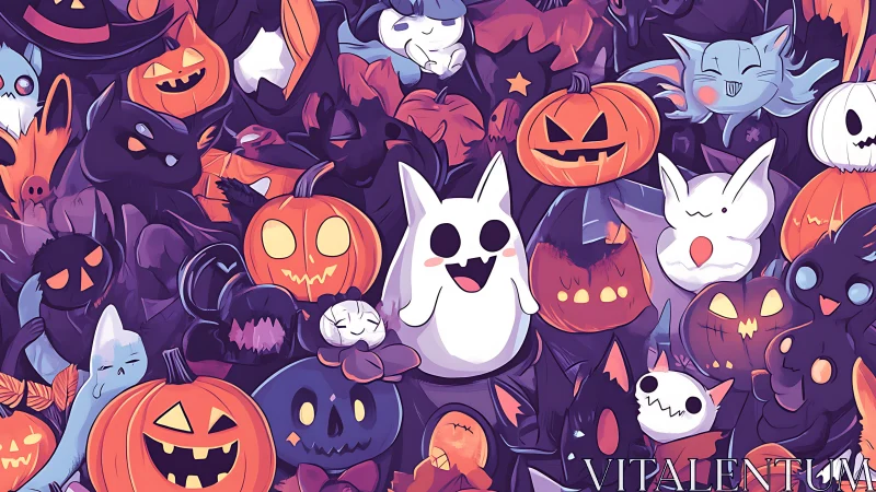Playful ghost and pumpkins crowd in a cute Halloween scene.