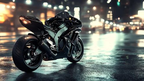 Black sport motorcycle stands on wet neon city street