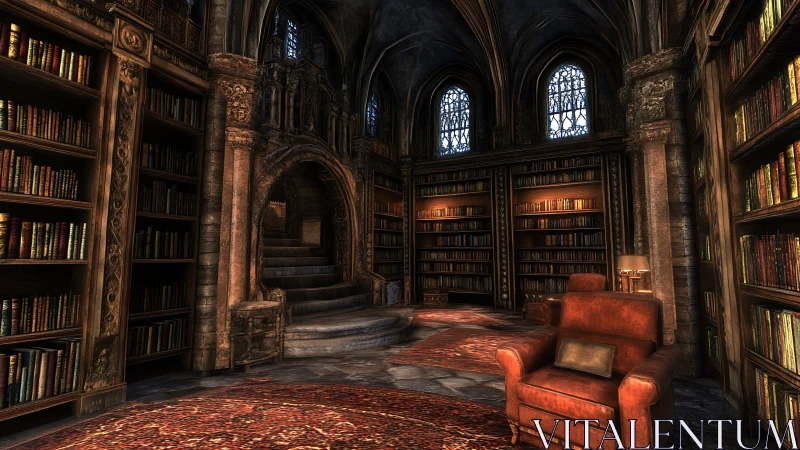 Gothic library interior with ornate arches and warm light.