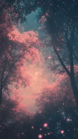 Glowing Forest Canopy with Magical Pink Particles and Enchanted Atmosphere