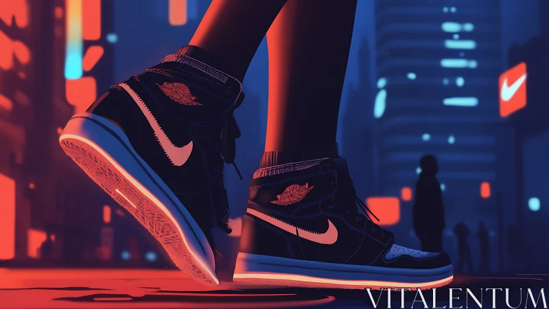 Neon-lit sneakers are depicted in a stylized urban night scene