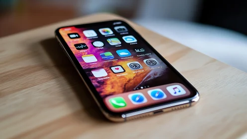 iPhone on Wooden Surface with Vibrant Apps Display.