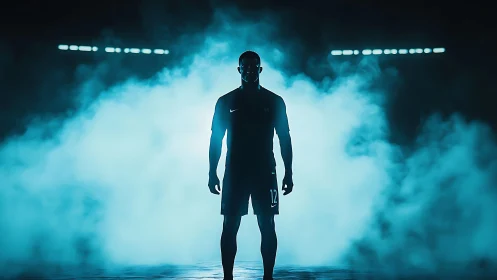Backlit footballer silhouette emerges through cyan atmospheric haze