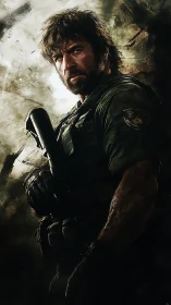 Battle-hardened soldier waits amid smoky battlefield haze.