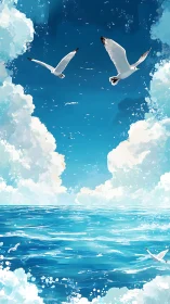Coastal seascape with soaring gulls under cumulus clouds