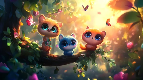 Three stylized feline characters with oversized cerulean ocular features positioned on wooden branch