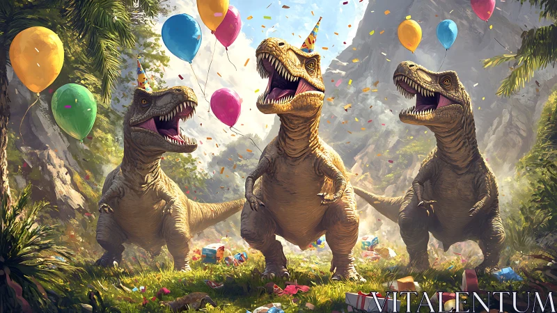 Three dinosaurs celebrate with colorful balloons in tropical jungle setting.