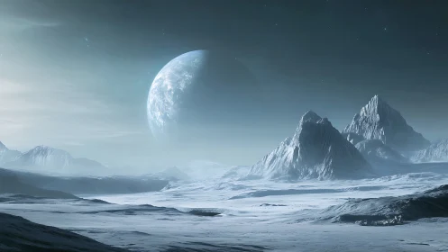 Frozen alien landscape displays icy plains and distant planet
