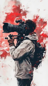 Cinematic field operator with telephoto rig in gestural red storm.