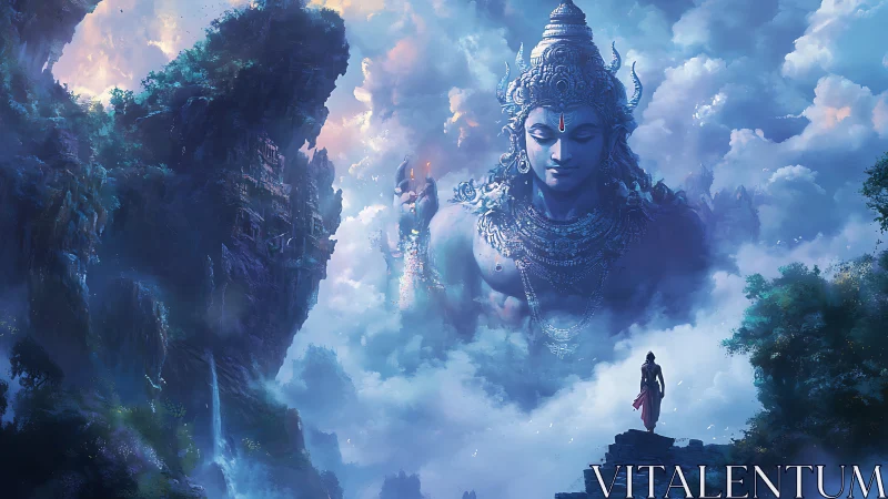 Skyborne deity emerges above misty cliffs and pilgrim.