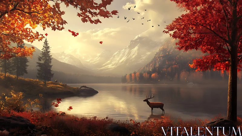 Autumn stag pauses by silver lake beneath ember-bright peaks.