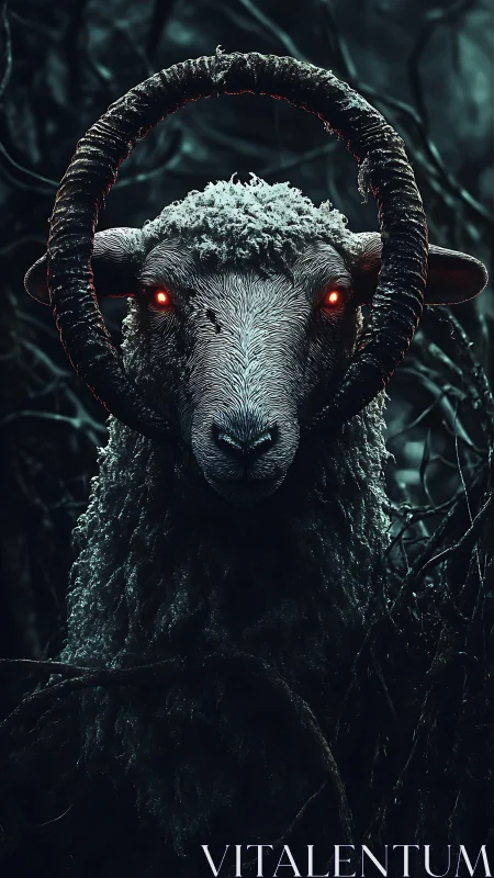Dreadhorn ram with burning eyes in tangled forest gloom.