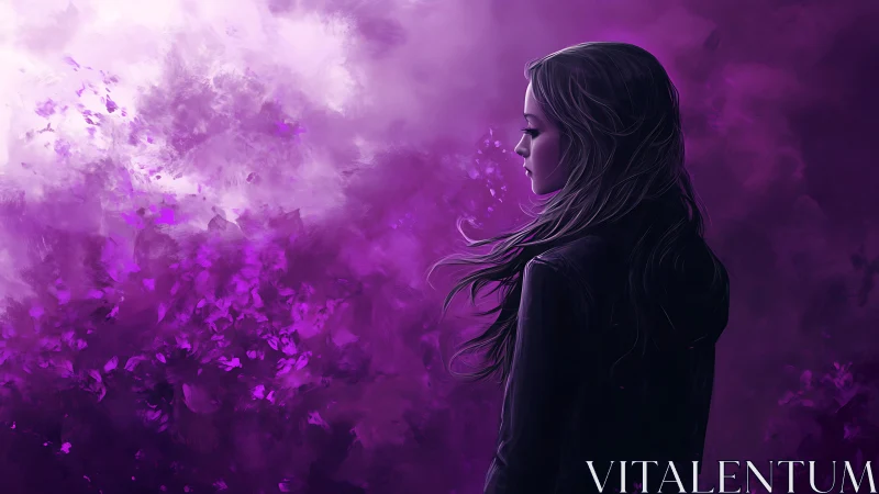 Girl in profile stands before abstract purple storm